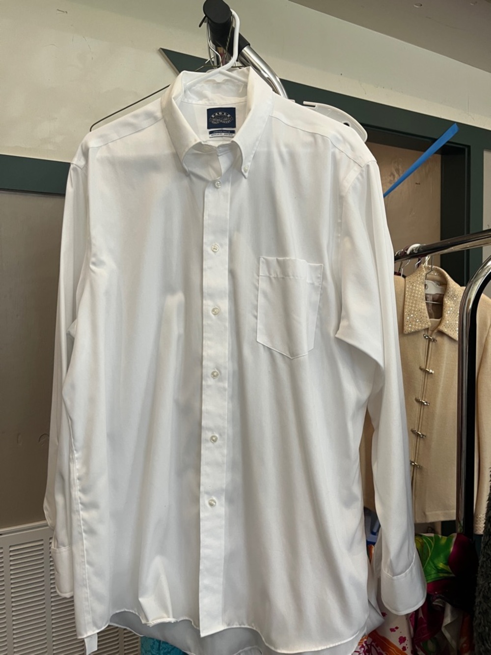 Men's White Button-Down Dress Shirt with Chest Pocket